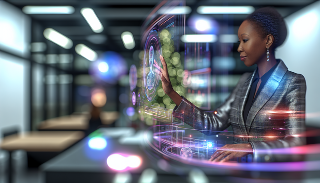 A calm professional interacts with holograms in a sleek workspace, embodying emotional intelligence amid holiday stress.