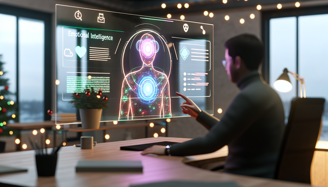 alt_text: A professional engaging with a holographic UI in a modern workspace, highlighting emotional intelligence amid holiday stress.