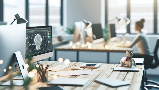 A hyper-realistic workspace scene illustrating emotional intelligence amidst holiday stress with tech and calm focus.