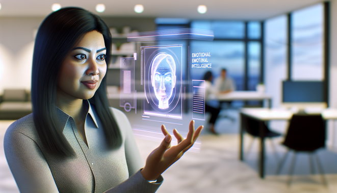 A professional engages with a holographic interface in a modern workspace, highlighting emotional intelligence.