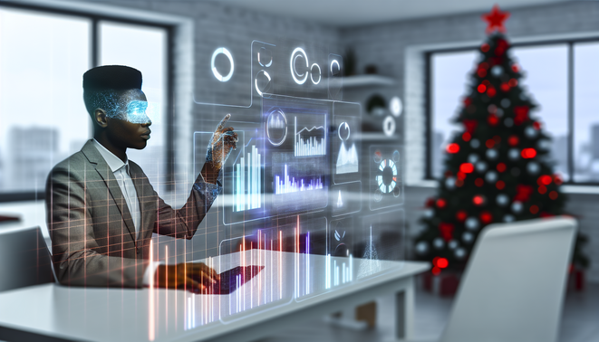 alt_text: A focused individual interacts with holograms in a modern workspace, embodying emotional intelligence amid holiday stress.