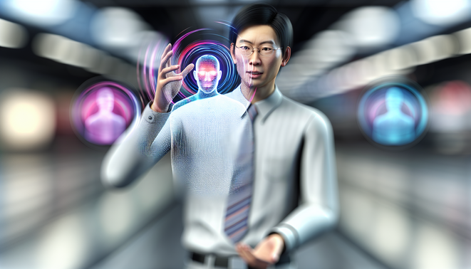 alt_text: A focused individual interacts with a holographic interface, representing emotional intelligence in stress.