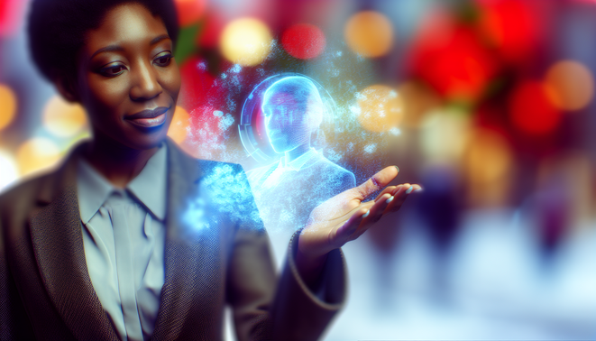 Cover image of a calm professional engaging with holographic tech, embodying emotional intelligence in holiday stress.