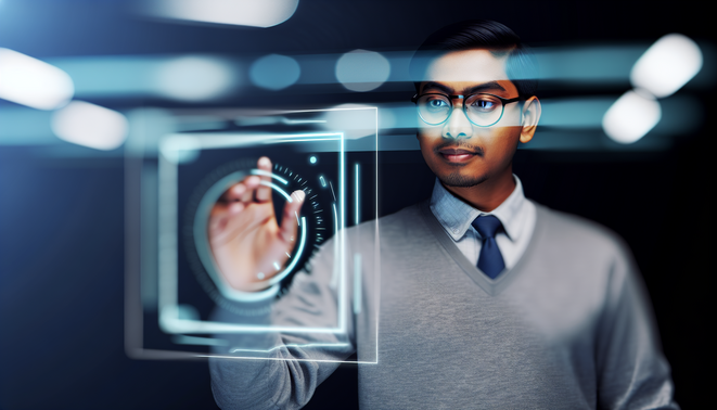 A focused individual engages with a holographic interface in a sleek, modern workspace, exuding sophistication.