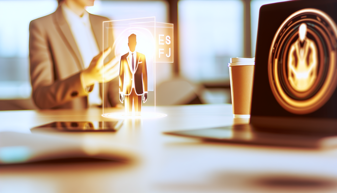 A polished professional interacts with a vibrant hologram in a warm, modern workspace, embodying ESFJ traits.