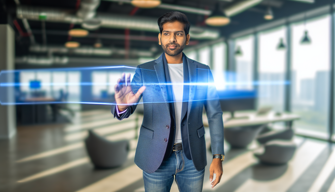 A confident individual in smart-casual attire interacts with holographic tech in a modern workspace.