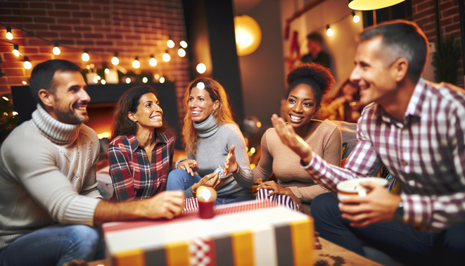A warm, festive scene depicting a cozy gathering, highlighting relationships and social interactions.
