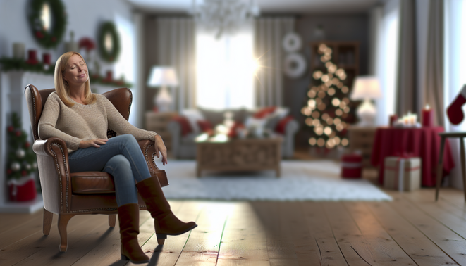 alt_text: A serene living room features a relaxed adult in an armchair, surrounded by cozy holiday decor.