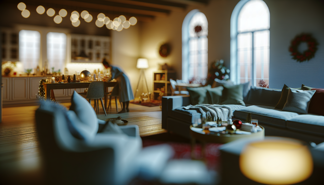 alt_text: A serene home scene depicting calm introspection and subtle holiday elements in neutral tones.