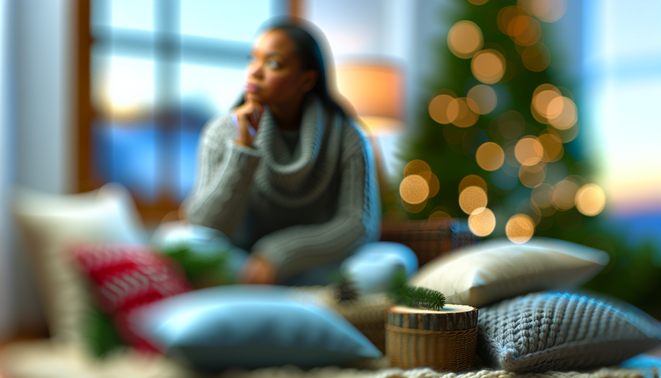 alt_text: A serene, introspective scene depicting family dynamics with a thoughtful figure and cozy objects.