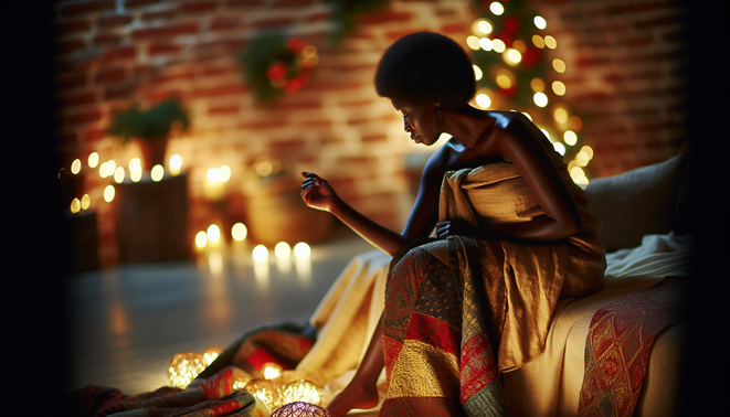 alt_text: A serene space with soft lighting, warm textiles, and a contemplative figure, evoking holiday reflections.