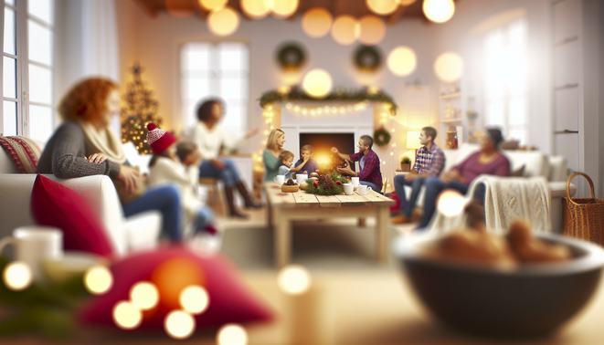 alt_text: Cozy holiday scene reflecting family dynamics, warmth, and introspection in a serene setting.