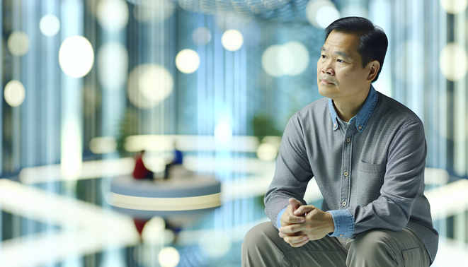 alt_text: A reflective adult in a serene, modern home, symbolizing family dynamics during the holidays.