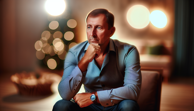 alt_text: A contemplative adult in a warm, modern setting evokes family dynamics and holiday warmth subtly.