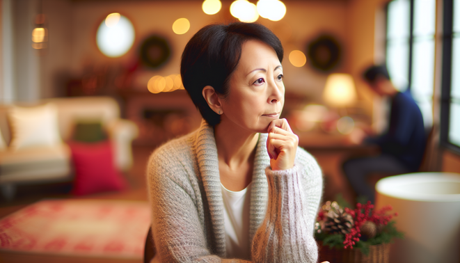 alt_text: A serene indoor scene depicts a thoughtful adult amidst subtle holiday elements, evoking family warmth.
