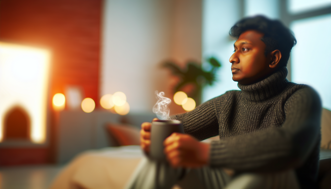 A serene scene capturing introspection, featuring a person with a mug in a cozy, minimalist space.