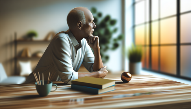 alt_text: A serene indoor scene of introspection, featuring a thoughtful adult, growth objects, and calming tones.