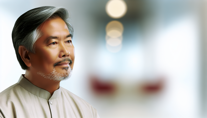 alt_text: A serene adult gazes thoughtfully in a calming, contemporary space, embodying introspection and awareness.