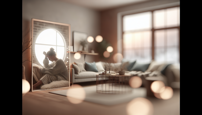 alt_text: A serene interior captures family warmth; a figure reflects amid cozy textures and subtle decor.