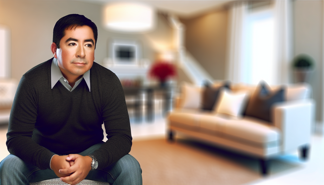 alt_text: A reflective figure in a cozy, neutral-toned living room, surrounded by subtle holiday elements.