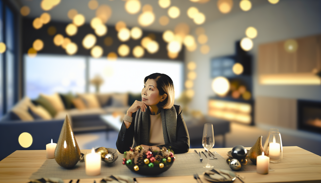 alt_text: Cozy, modern holiday dining scene featuring a thoughtful adult among subtle, warm decor and textures.