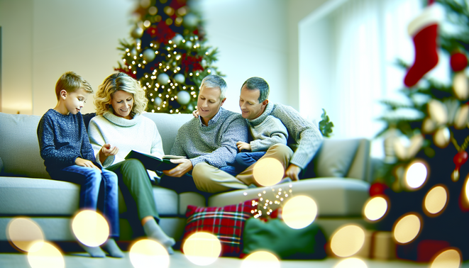 alt_text: A tranquil moment capturing family dynamics during the holidays in a serene, modern interior.