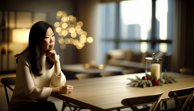 alt_text: A serene interior captures a thoughtful person, reflecting family connections amid minimal holiday cues.