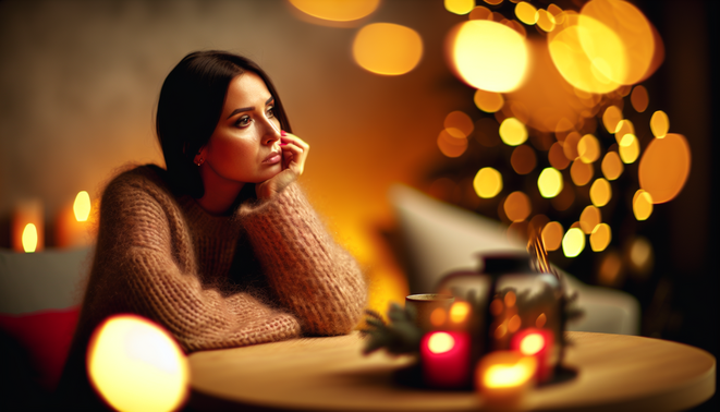 alt_text: A thoughtful moment evokes introspection amidst warm, minimal holiday decor and soft lighting.