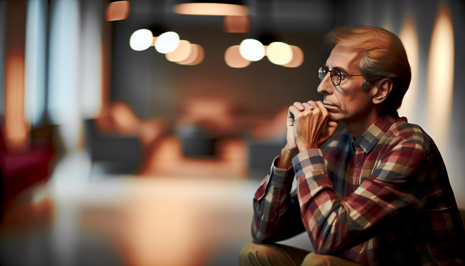 alt_text: A thoughtful adult in a serene, modern interior, capturing complex family dynamics during holidays.