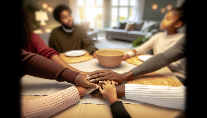 alt_text: A serene scene shows intertwined hands on a table, evoking introspection in a warm space.