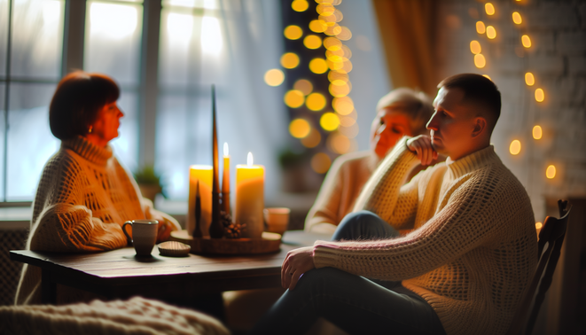 alt_text: A serene scene capturing introspection and warmth during holiday family dynamics.