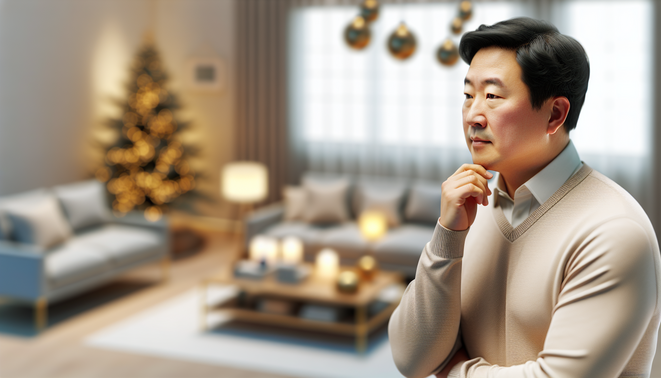 alt_text: A serene modern interior suggests holiday family warmth, with a thoughtful adult and subtle props.