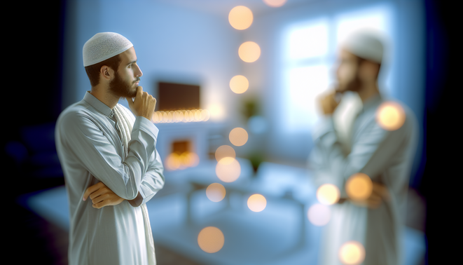 alt_text: A reflective individual in a serene, minimalist space symbolizes family dynamics during holidays.