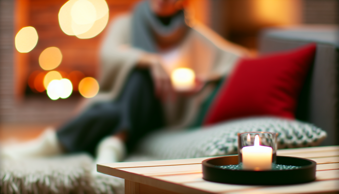 alt_text: A serene holiday scene capturing introspection and warmth in a minimalist, cozy setting.