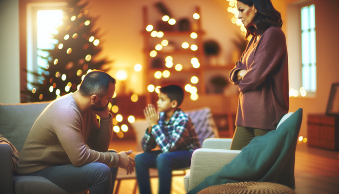 alt_text: A serene, introspective moment in a modern home, highlighting family dynamics during the holidays.