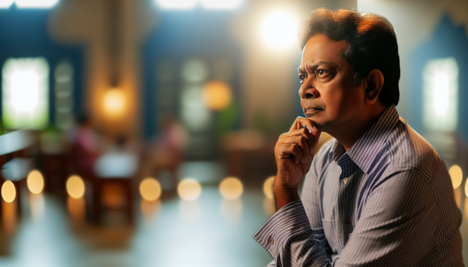 alt_text: A thoughtful adult in a serene indoor setting, evoking introspection about family dynamics during holidays.