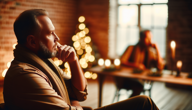 alt_text: A contemplative adult sits in a warm, minimal room, symbolizing family dynamics during holidays.