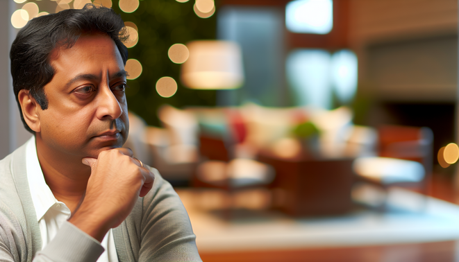 alt_text: A serene indoor scene with a thoughtful adult, reflecting on family dynamics during the holidays.