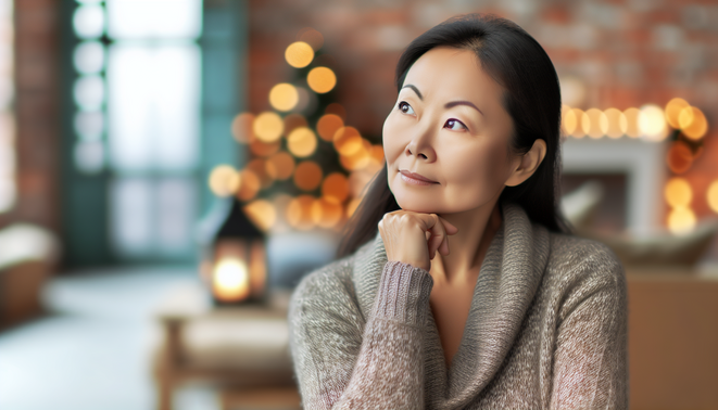 A serene adult gazes thoughtfully in a cozy, minimalistic space, evoking warm holiday reflections.