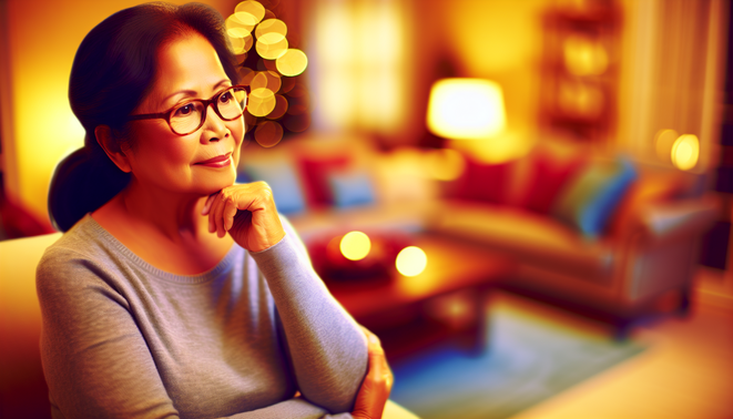 alt_text: A serene living room scene with warm lighting, featuring a thoughtful adult in a cozy holiday setting.