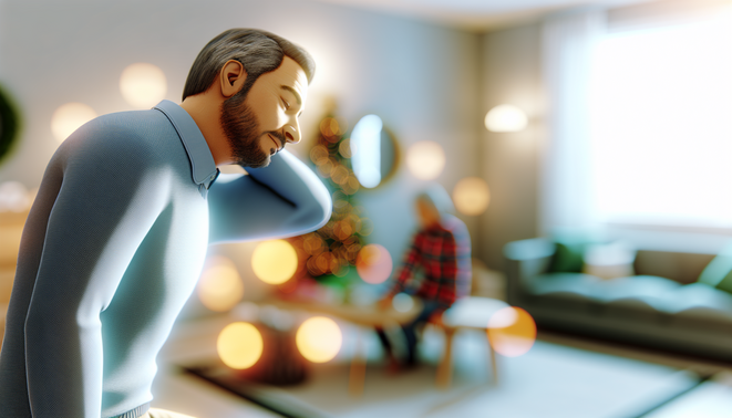 alt_text: A serene adult reflects in a cozy, minimalist space, evoking warmth and family connection during holidays.