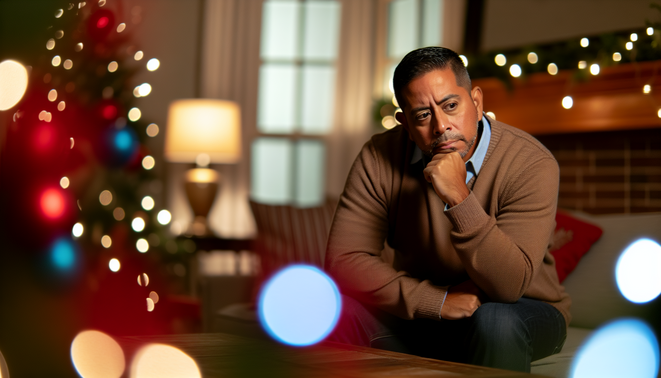 alt_text: A contemplative adult in a cozy living space, reflecting on family dynamics during the holidays.