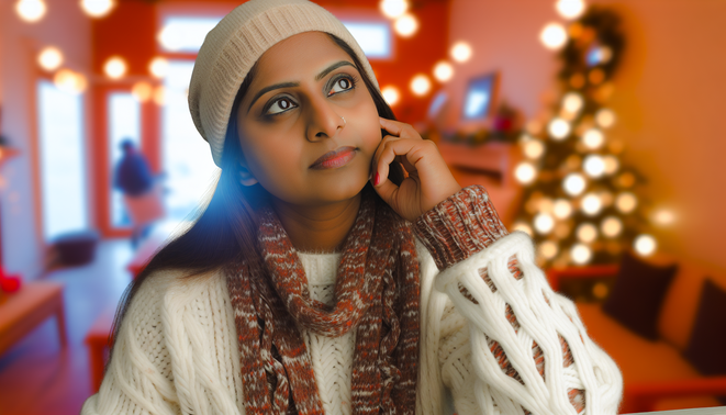 alt_text: A contemplative adult in cozy attire reflects on family dynamics in a warm, holiday-themed space.