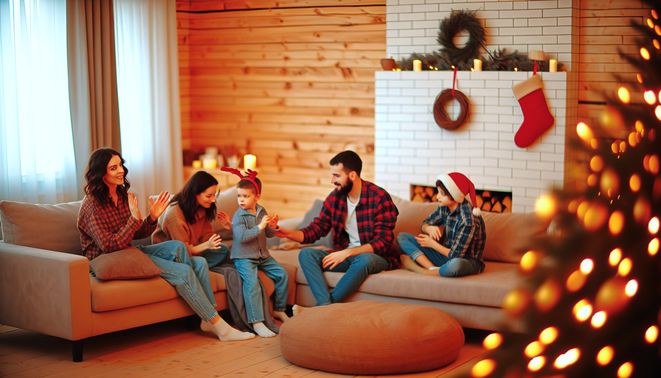 alt_text: A serene holiday moment capturing introspective family dynamics in a warm, minimal setting.