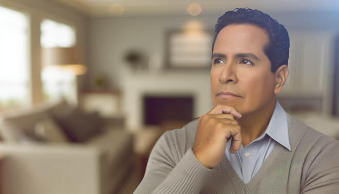 "Reflective scene on family dynamics during holidays, featuring a thoughtful adult in a serene interior."