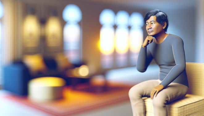 alt_text: A serene, warm-toned living space with a thoughtful adult, evoking calm family dynamics during holidays.