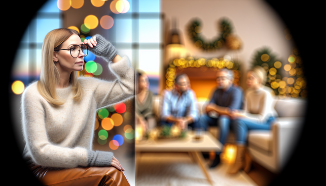 alt_text: A reflective adult in a cozy, modern living room, capturing family dynamics during the holidays.