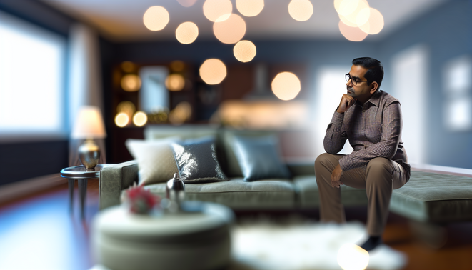 alt_text: A serene living room with cozy decor and a reflective adult, evoking calm holiday introspection.