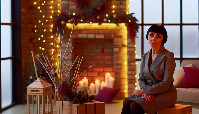 alt_text: A serene indoor scene with a neutral-presenting adult, evoking calm and introspection amidst holiday symbols.