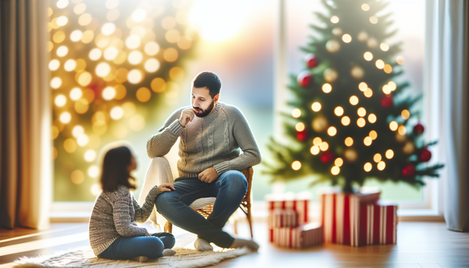 alt_text: A serene scene capturing introspection and warmth, reflecting family dynamics during holidays.